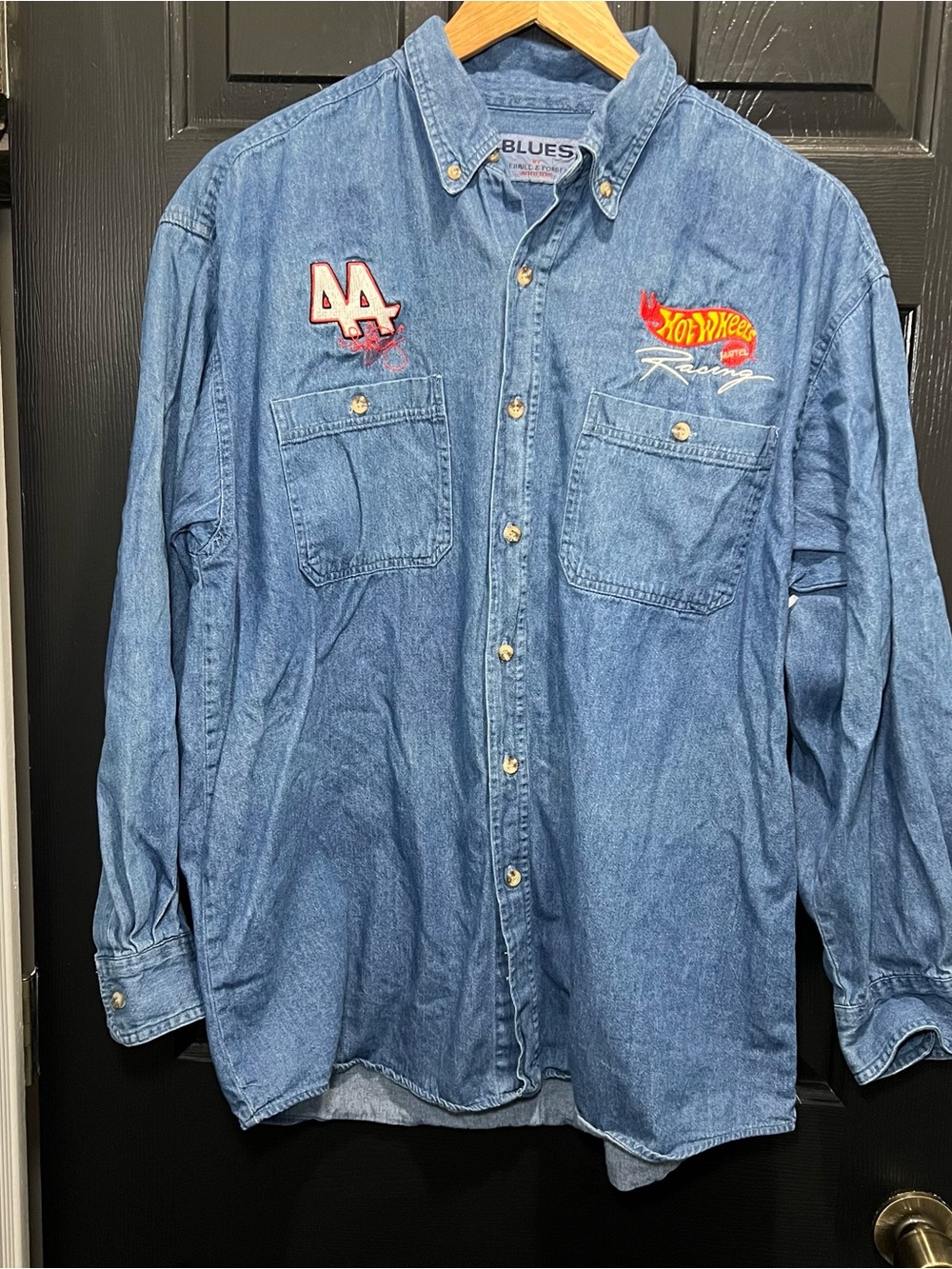 Source Unknown Blue Denim Button-Down Shirt with Racing Patches